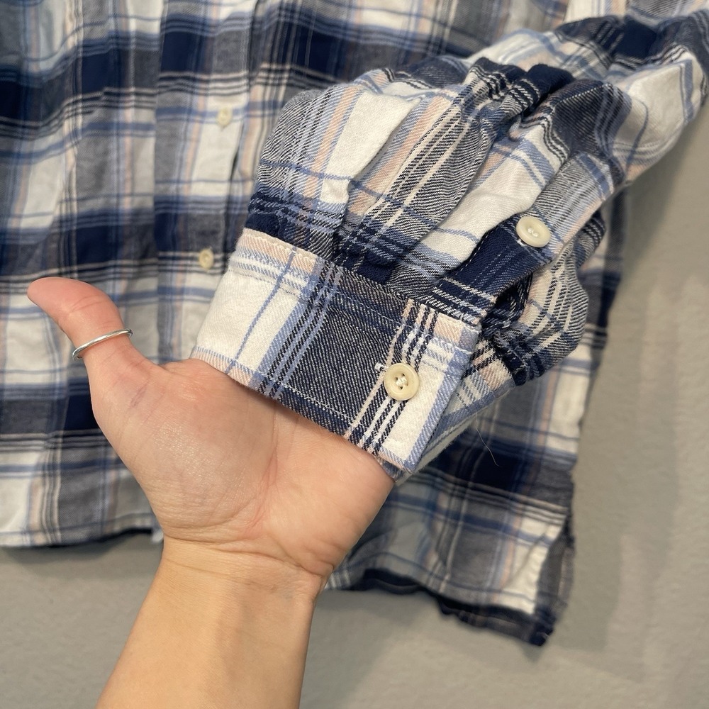 Madewell Flannel Crop Boxy Shirt Small Blue White Plaid Button Up Cute Basic - Picture 3 of 8